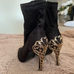 Gold detail black bootie heels